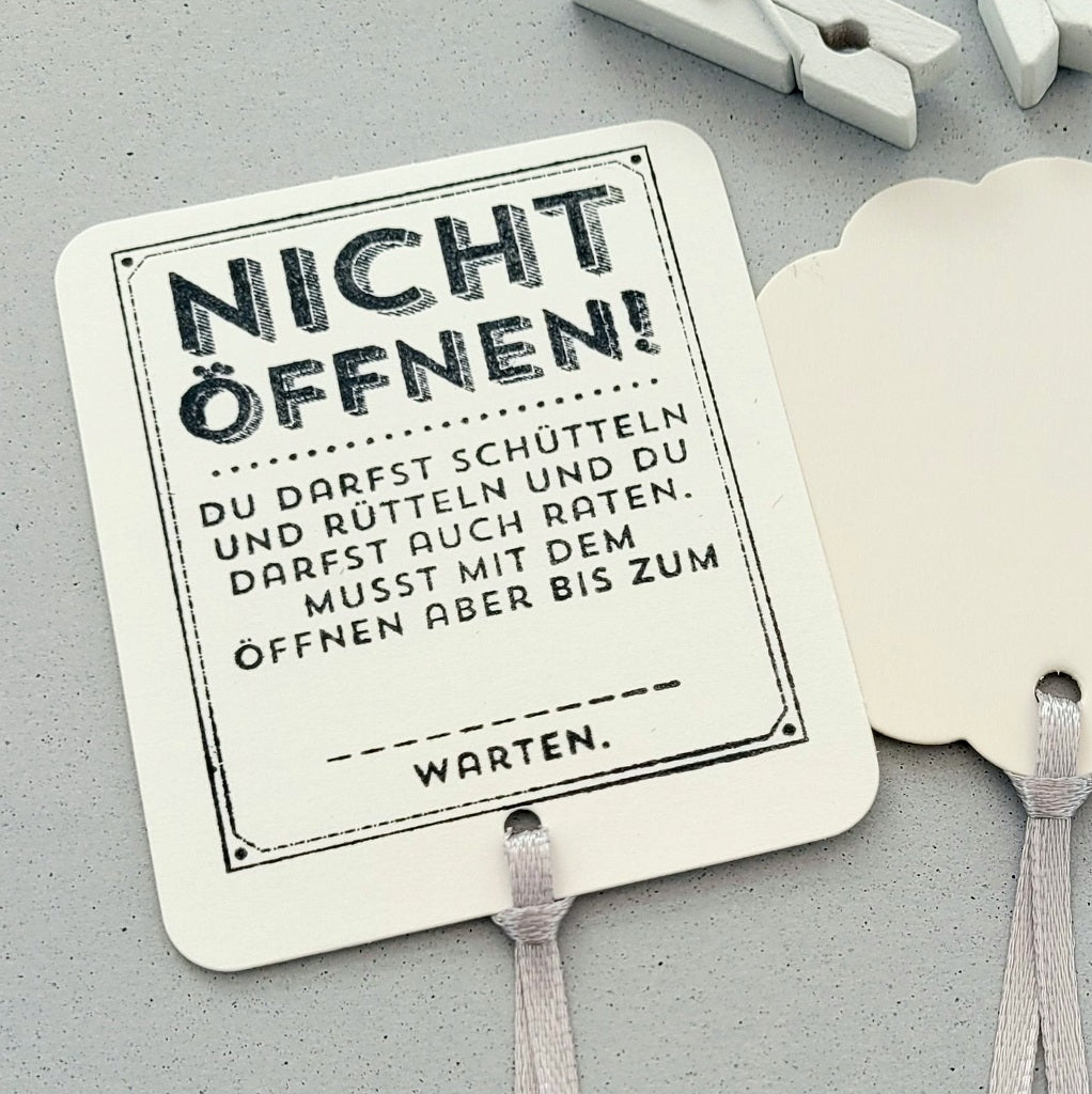 Geschenktüte aus Papier mit Namensschild, Schleifband & kleiner Holzklammer. Dazu gibt´s einen lustigen Geschenkanhänger.