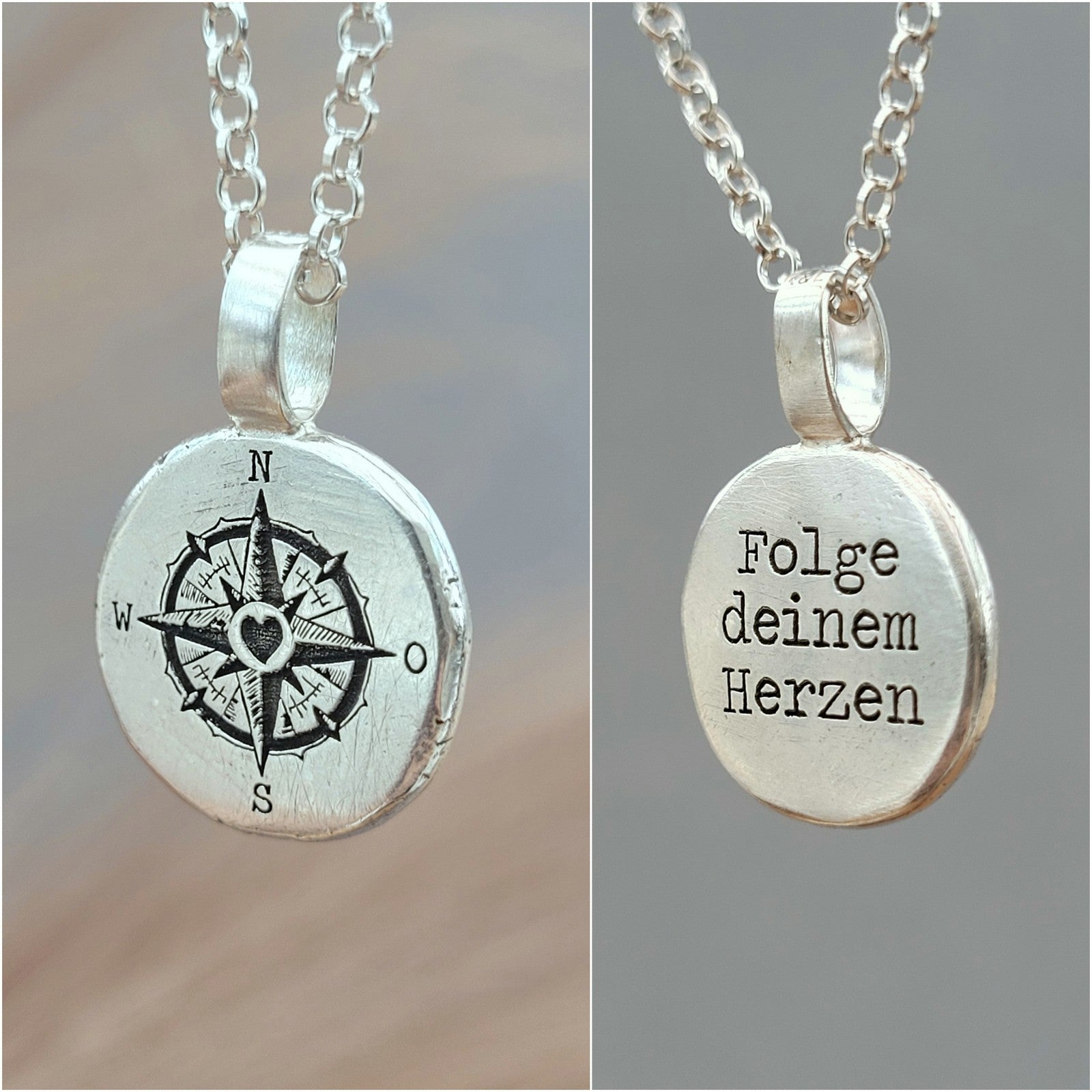 Kompass - Anhänger mit Gravur aus der Kollektion Nuggets. Motiv "Kompass mit Herz" Jedes Schmuckstück ist ein handgefertigtes Unikat. Der handgefertigte Anhänger aus recyceltem Silber zeigt auf der Vorderseite einen gravierten Kompass mit Herz. Zusätzlich kannst du einen Text als Gravur auf der Rückseite wählen. Kein Anhänger gleicht exakt dem anderen und ist dein personalisiertes Unikat.