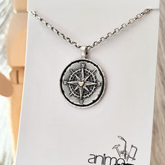 Kettenanhänger "Kompass mit goldenem Herz" RUSTIC RAHMEN, recyceltes Silber