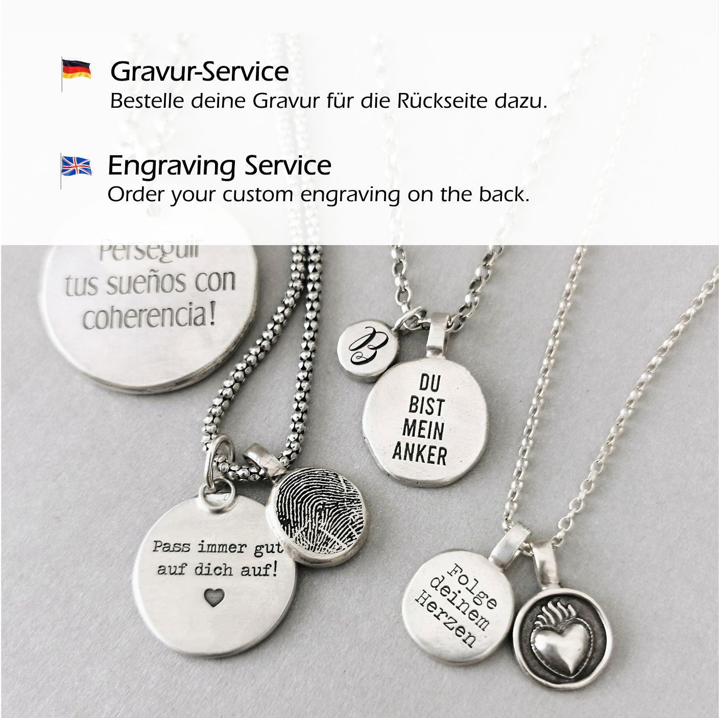 Kettenanhänger mit deinem Fingerabdruck und Gravur auf der Rückseite, handgefertigt aus Sterlingsilber mit Lasergravur animoART