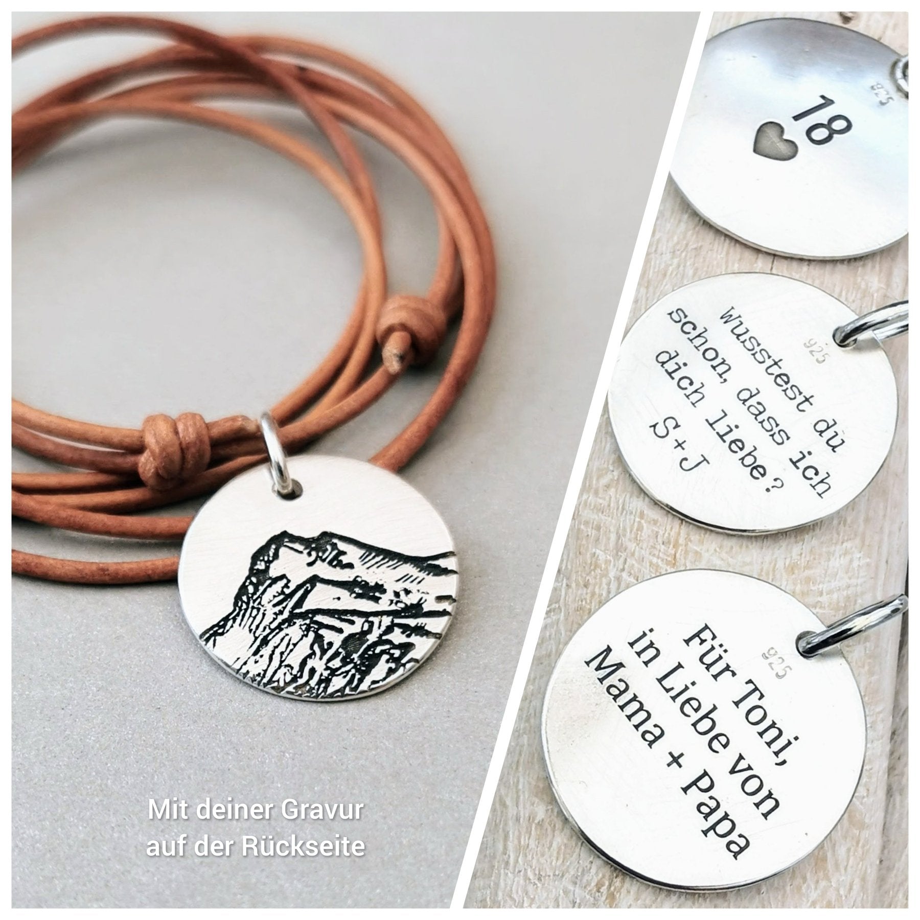 Anhänger "Berge", recyceltes 925er Silber, matt, handgefertigt, Gravur Rückseite, personalisiert, ideal für Natur - und Bergliebhaber.