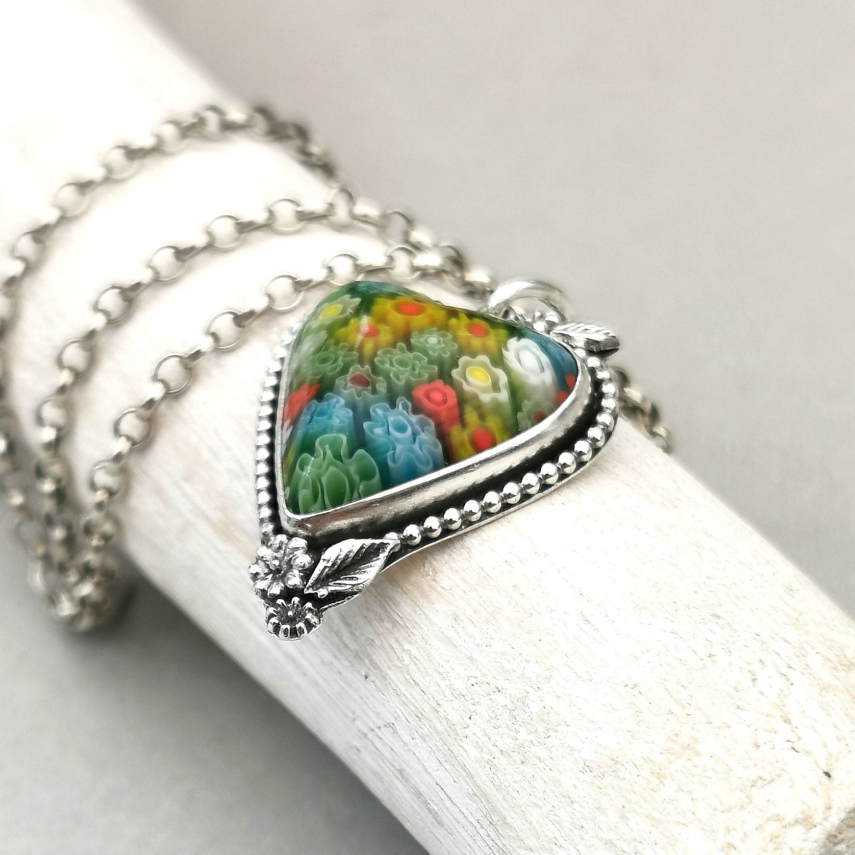 Kettenanhänger Millefiori Herz, recyceltes Silber, handgefertigt - animoART