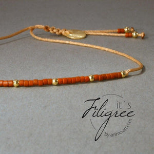 Armband in Goldbeige + Rotbraun "Delica Fine Pearls" Textilband, Schiebeknoten_Schmuck_handmade_animoART