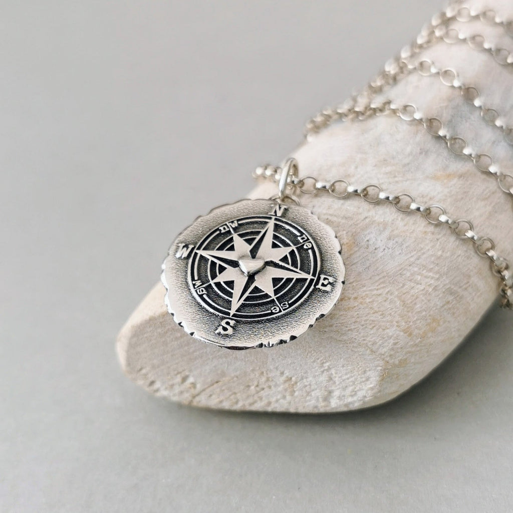 Kiss Of Leather Wikinger Kompass Anhänger - 925 Sterling Silber | Mit Baumwollband, 36mm | Vegvisir Symbol