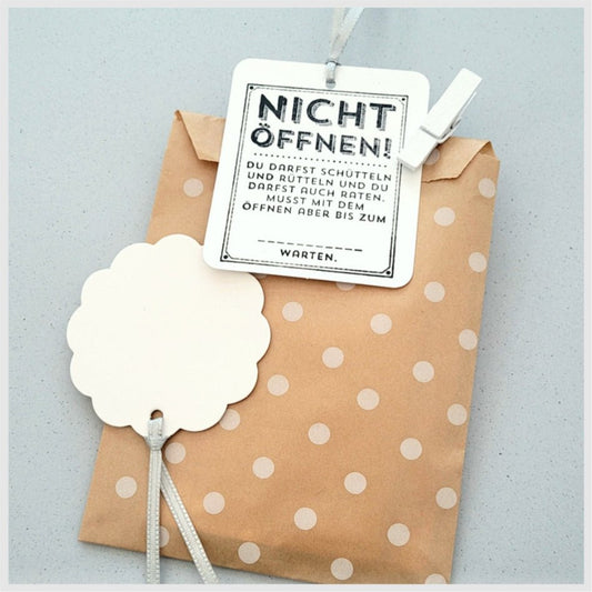 Geschenktüte aus Papier mit Namensschild, Schleifband & kleiner Holzklammer. Dazu gibt´s einen lustigen Geschenkanhänger.