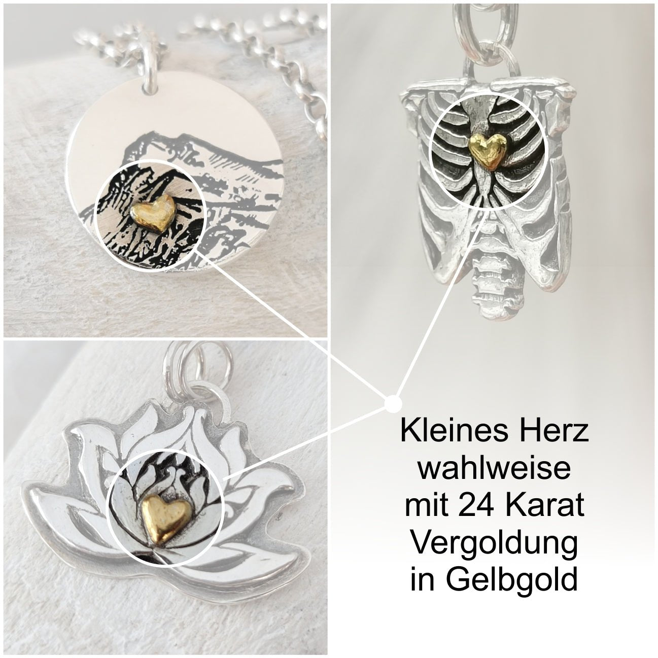 Kettenanhänger "Kompass mit goldenem Herz" im RUSTIC STYLE, mit recyceltem Silber - animoART