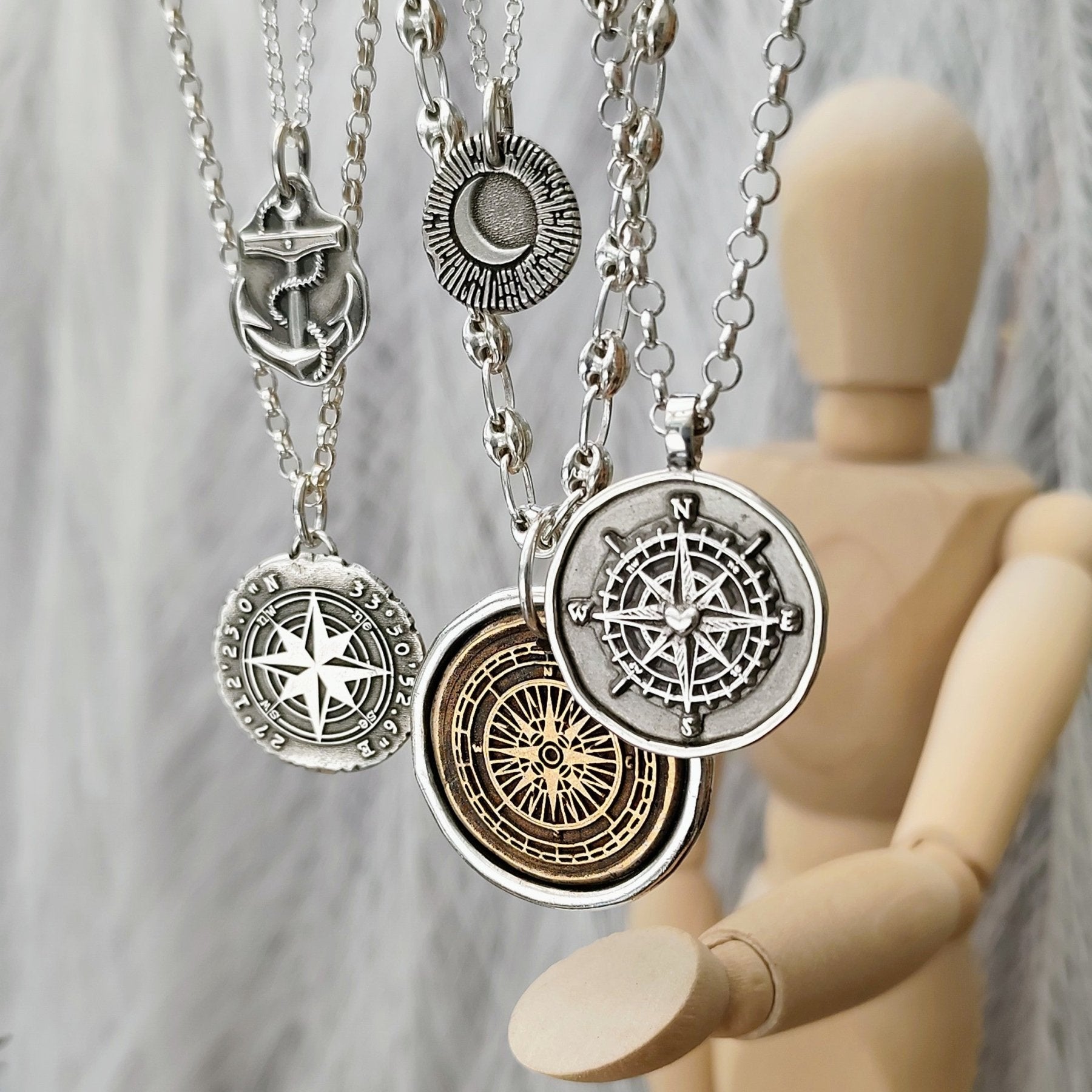 Kettenanhänger "Kompass" rustikal, recyceltes 925 Silber, handgefertigt in Deutschland