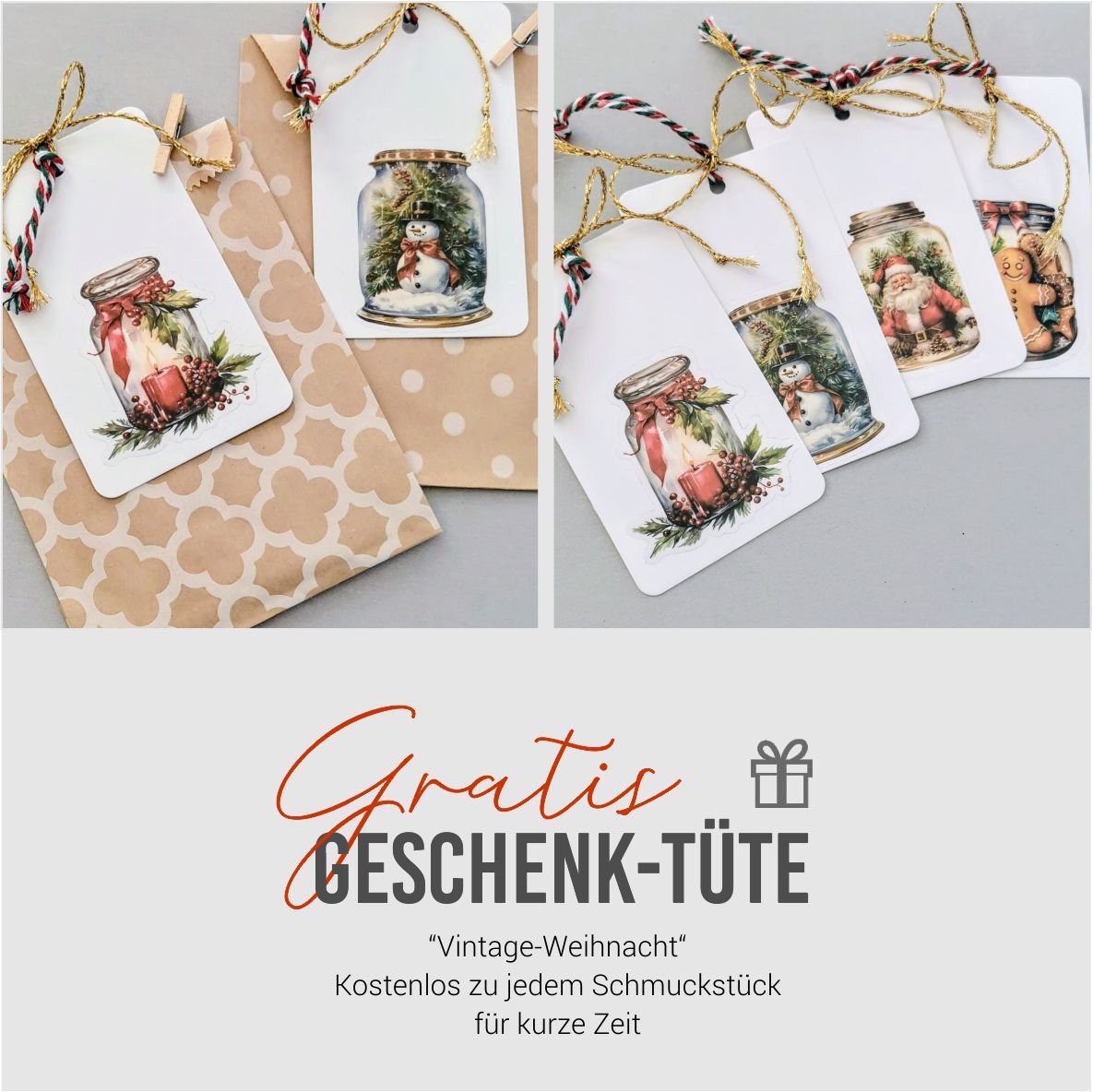 Gratis Verpackung - Vintage - Weihnachtstüte mit Geschenkanhänger und Holzklammer.