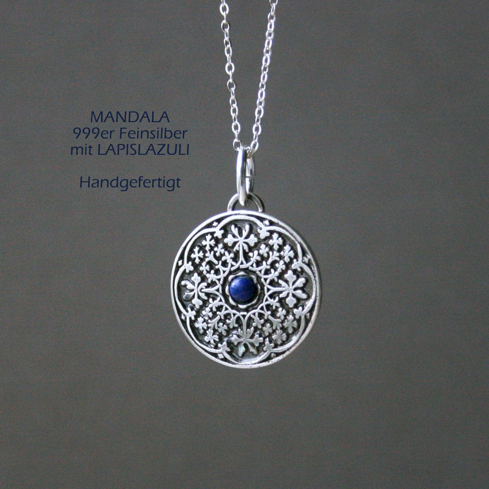 Kette Mandala Anhänger mit Edelstein aus 999er Silber_Schmuck_handmade_animoART