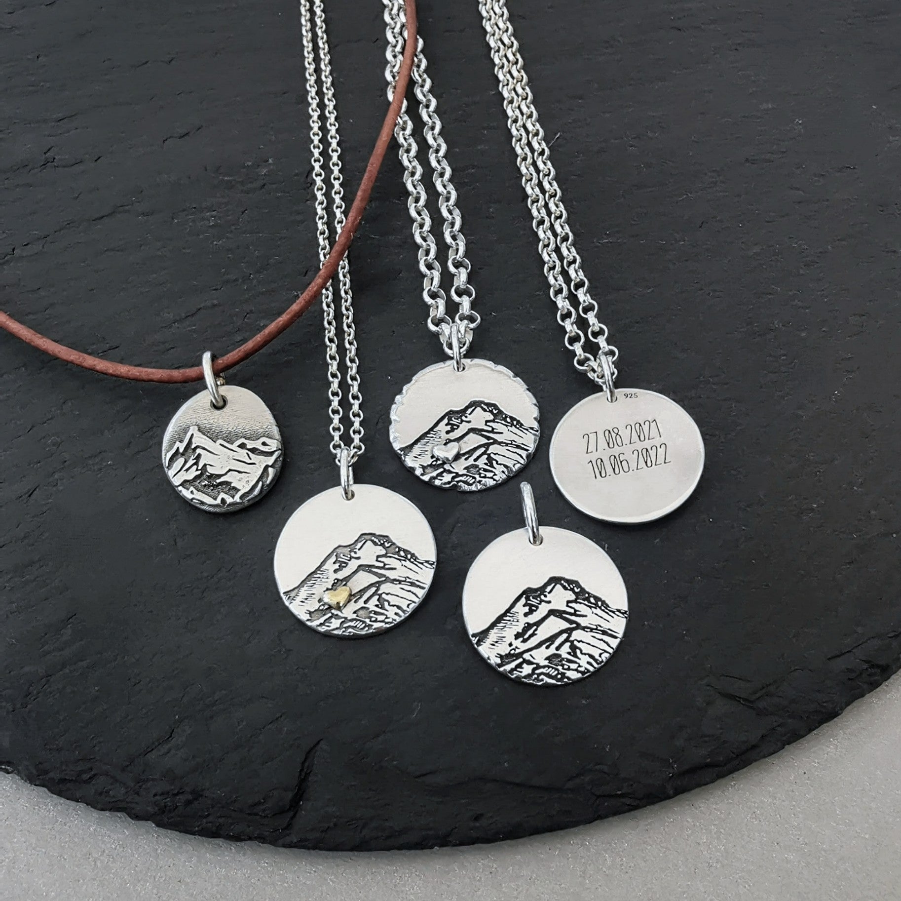 Kettenanhänger "Berg - Liebe" Rustic Style, handgefertigt aus recyceltem 925er Silber,
