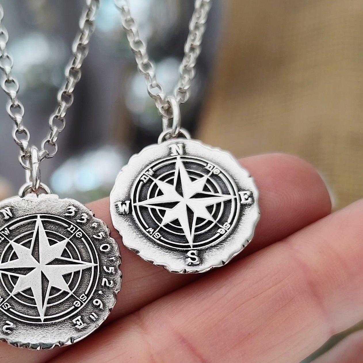 Kettenanhänger "Kompass" rustikal, recyceltes 925 Silber, handgefertigt in Deutschland
