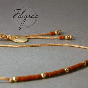 Armband in Goldbeige + Rotbraun "Delica Fine Pearls" Textilband, Schiebeknoten_Schmuck_handmade_animoART