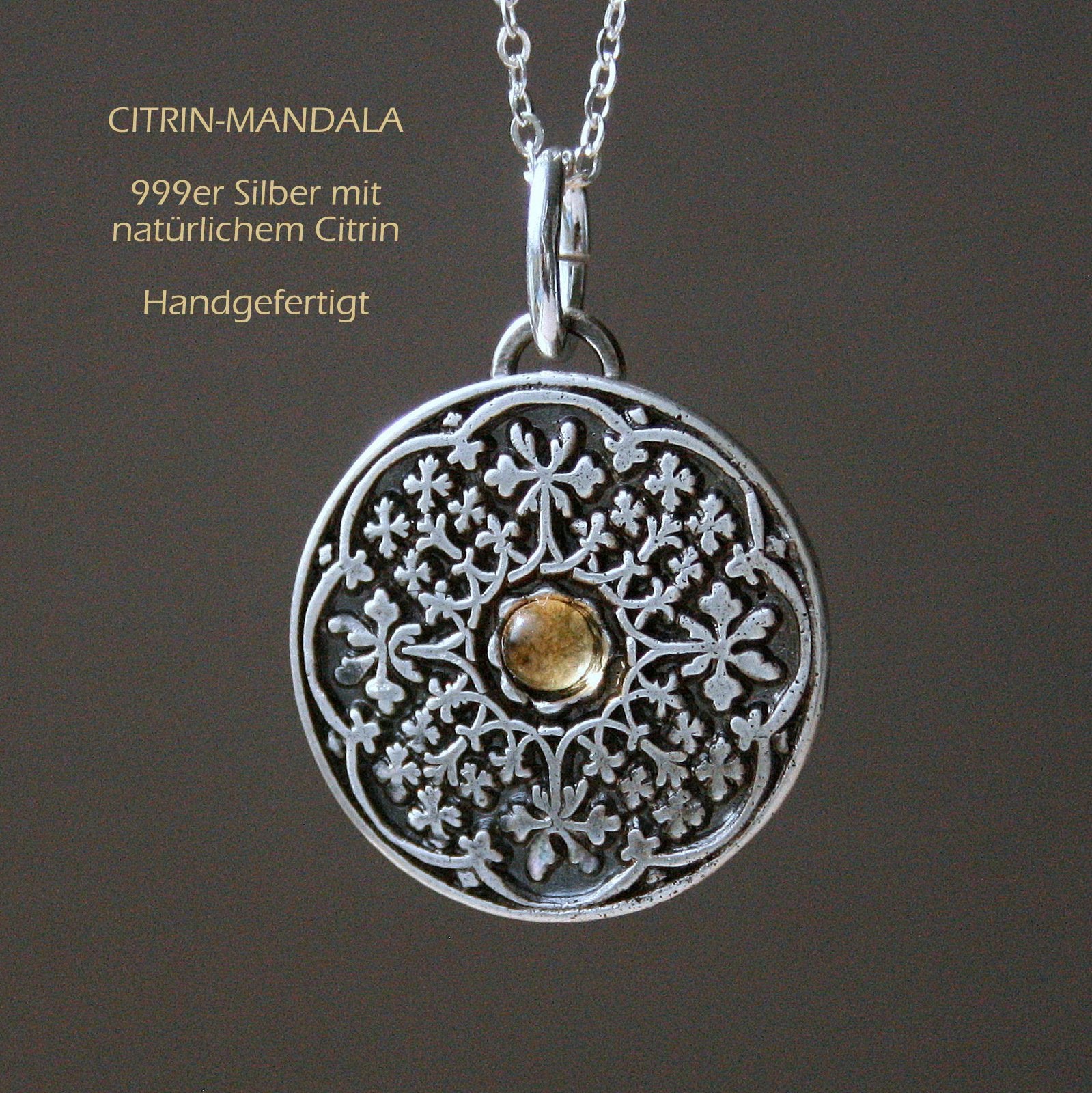 Kette Mandala Anhänger mit Edelstein aus 999er Silber_Schmuck_handmade_animoART