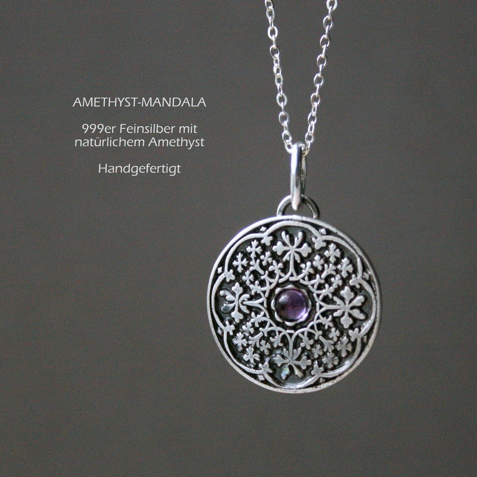 Kette Mandala Anhänger mit Edelstein aus 999er Silber_Schmuck_handmade_animoART