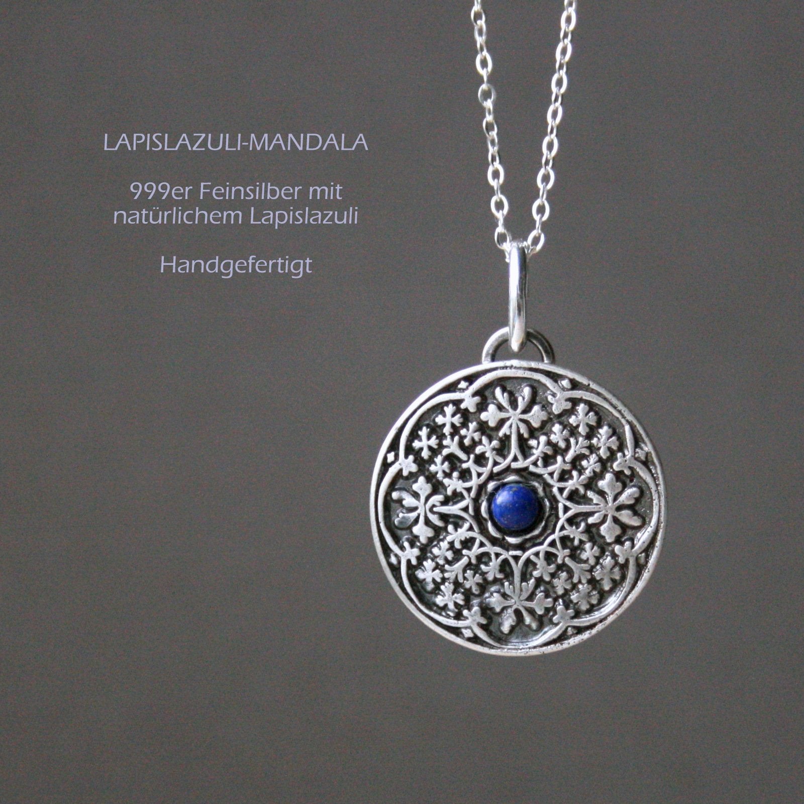 Kette Mandala Anhänger mit Edelstein aus 999er Silber_Schmuck_handmade_animoART