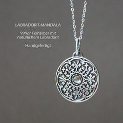 Kette Mandala Anhänger mit Edelstein aus 999er Silber_Schmuck_handmade_animoART